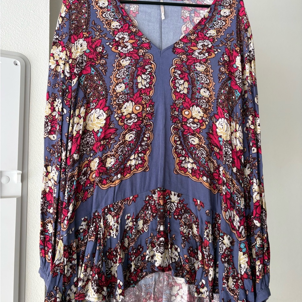 Free People Floral Wrap Top in Navy with Pink & Cream Accents